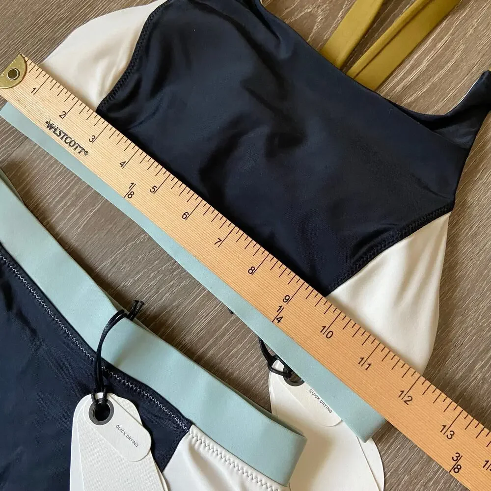 Prana Baja Bound Sport Top & High Rise Bottom Sz XS Black Colorblock Bikini Set